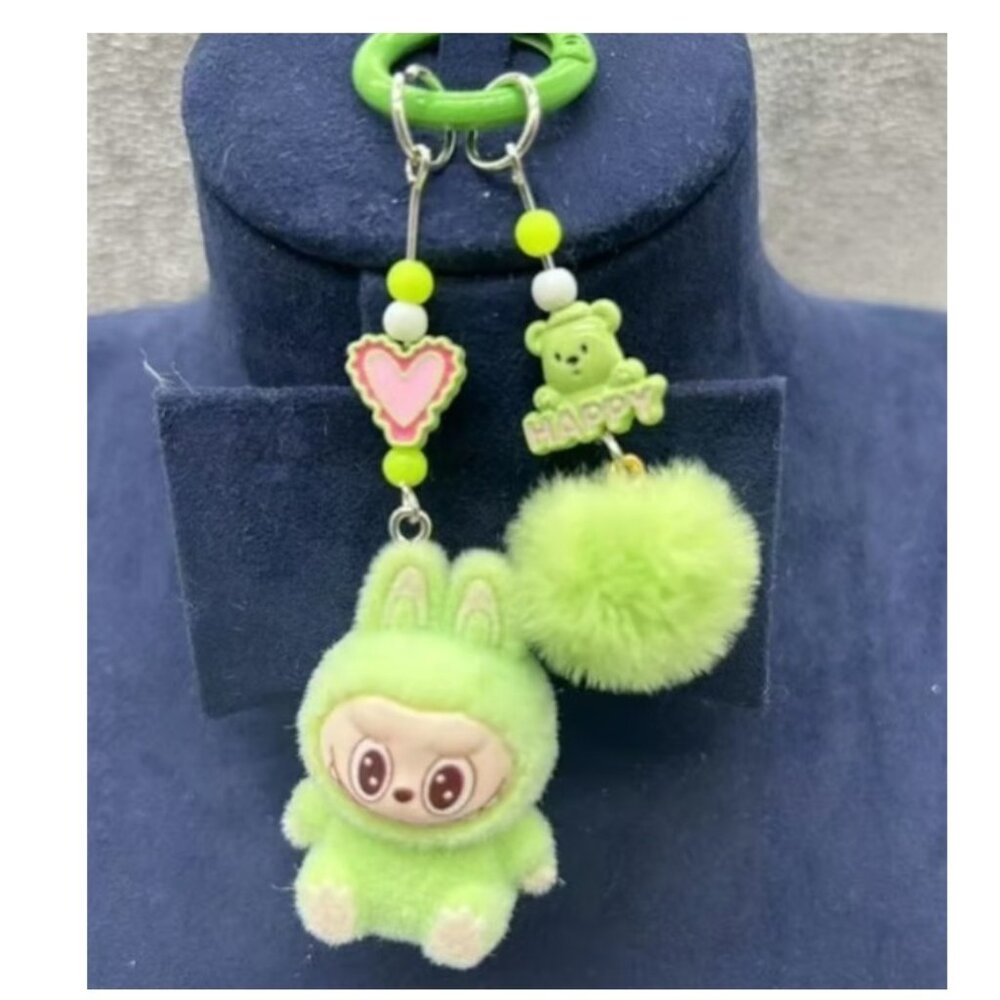 Labubu Green Plush Bunny Keychain Bag Charm Pom Pom Backpack Clip